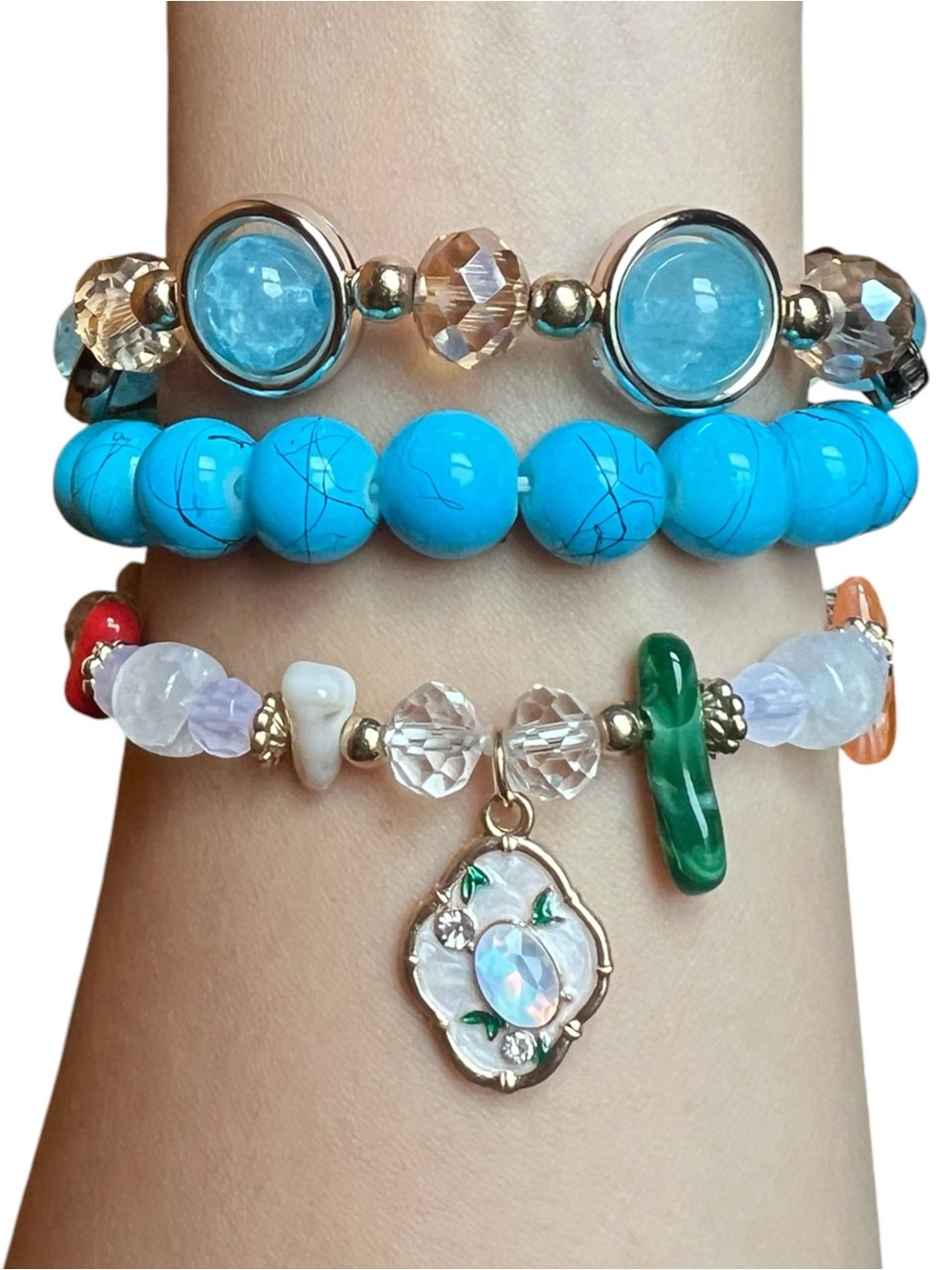 Turquoise Charm Beaded 3 Pieces Stretch Bracelet Set NWOT